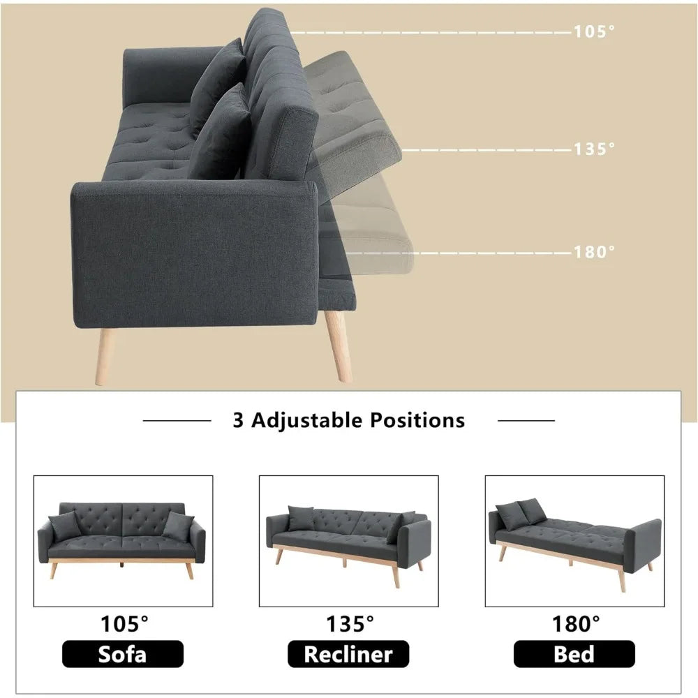 Convertible Folding Linen Sofa Bed with Two Pillows, Living Room Sofa with Adjustable Backrest and Removable Armrests