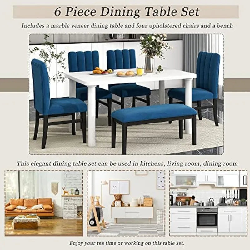 Goozio 6-Piece Dining Table Set with Marble Veneer Tabletop, 4 Flannelette Upholstered Chairs and 1 Bench , White+Blue