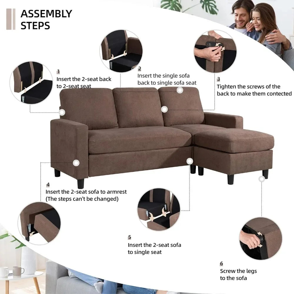 Convertible Sectional Sofa Couch,Linen Fabric L-Shaped,3Seat Sofa Sectional with Reversible Chaise Small Living Room,Chocolate