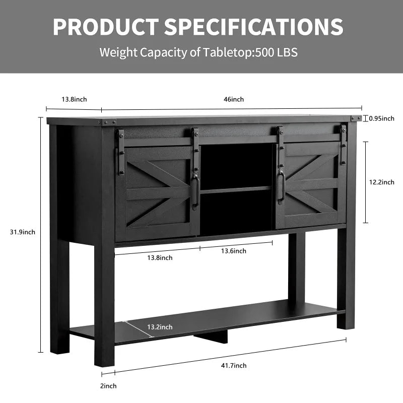 Entryway Table with Sliding Barn Doors, 46'' Farmhouse Console Table with Storage with Adjustable Shelf & Open Shelf, Black