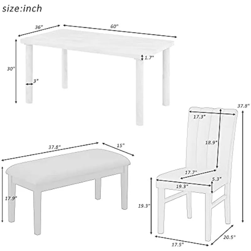 Goozio 6-Piece Dining Table Set with Marble Veneer Tabletop, 4 Flannelette Upholstered Chairs and 1 Bench , White+Blue