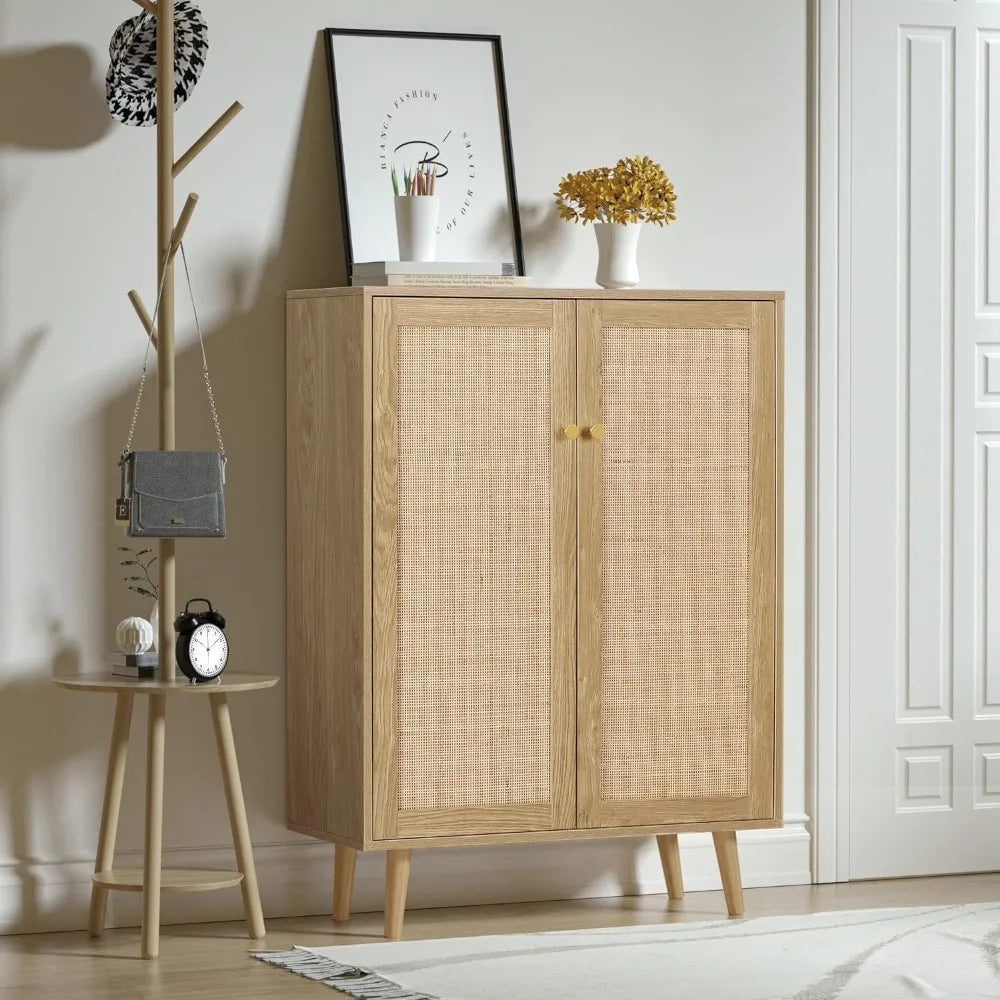 Rattan Cabinet, Entryway Shoe Cabinet Wooden 2 Doorway Sound Cabinet with Adjustable Shelves Rustic Oak