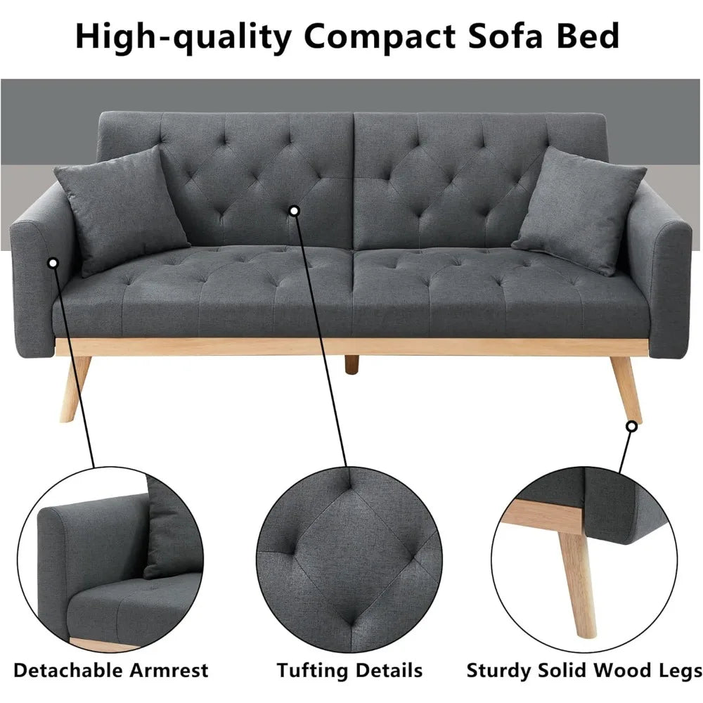 Convertible Folding Linen Sofa Bed with Two Pillows, Living Room Sofa with Adjustable Backrest and Removable Armrests