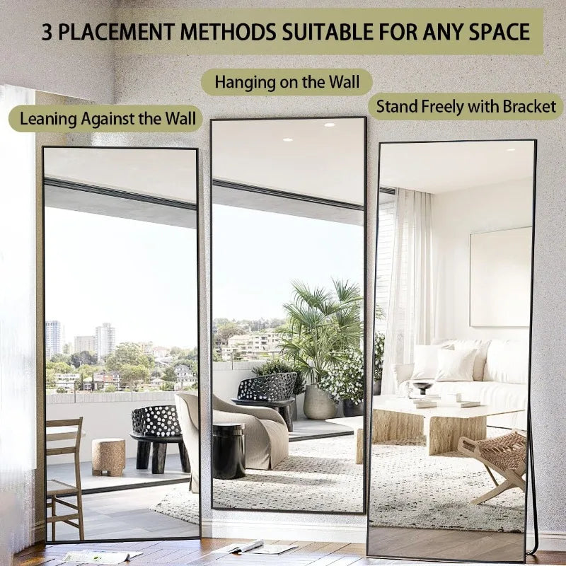 71"x28" Standing Hanging or Leaning Against Wall Floor Mirrors Body Dressing Wall-Mounted with Aluminum Alloy Thin Frame, Black