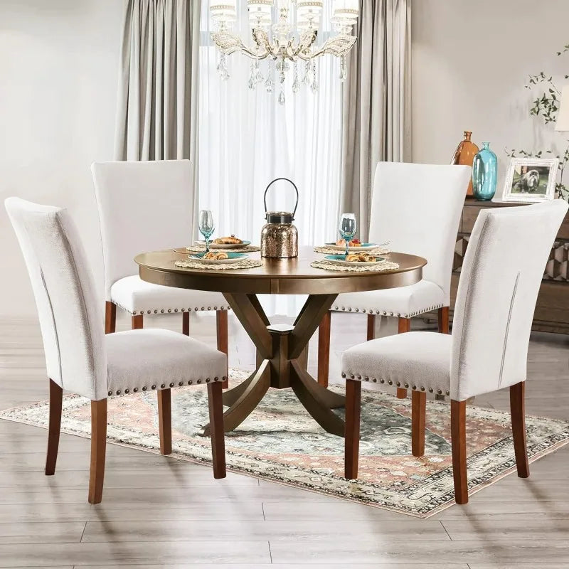 Parsons Dining Chairs Set of 6, Upholstered Fabric Dining Room Kitchen Side Chair with Nailhead Trim and Wood Legs - Beige