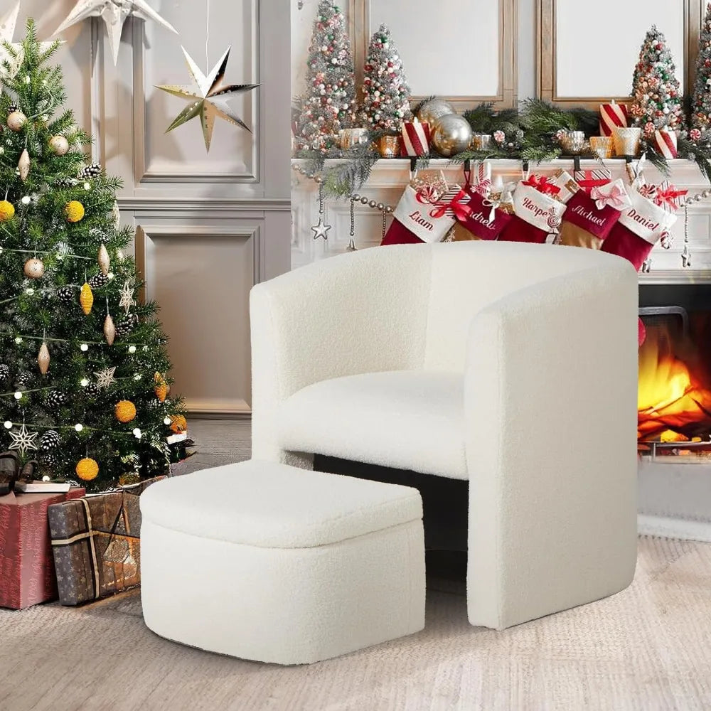 Upholstered Living Room Chair with Storage Ottoman, Modern Living Room Side Chair, Suitable for Bedroom, Office, Cream Colour