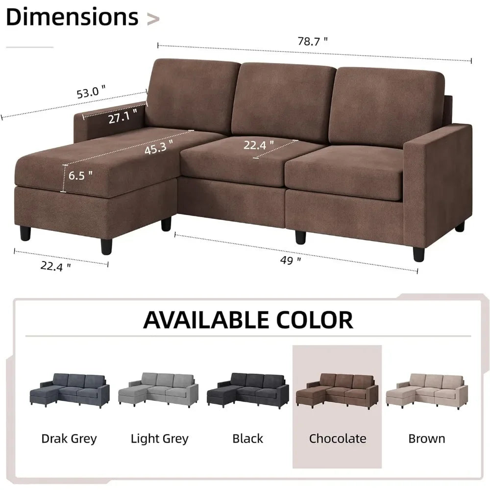 Convertible Sectional Sofa Couch,Linen Fabric L-Shaped,3Seat Sofa Sectional with Reversible Chaise Small Living Room,Chocolate