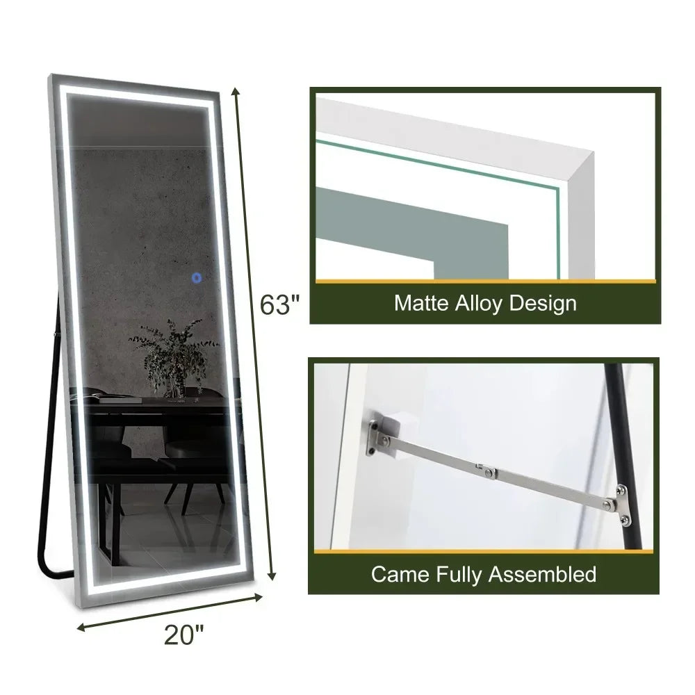 Floor Mirrors Full Body Length 63"x20" Modern Rectangle LED Full Floor Mirror With Bracket,Silver