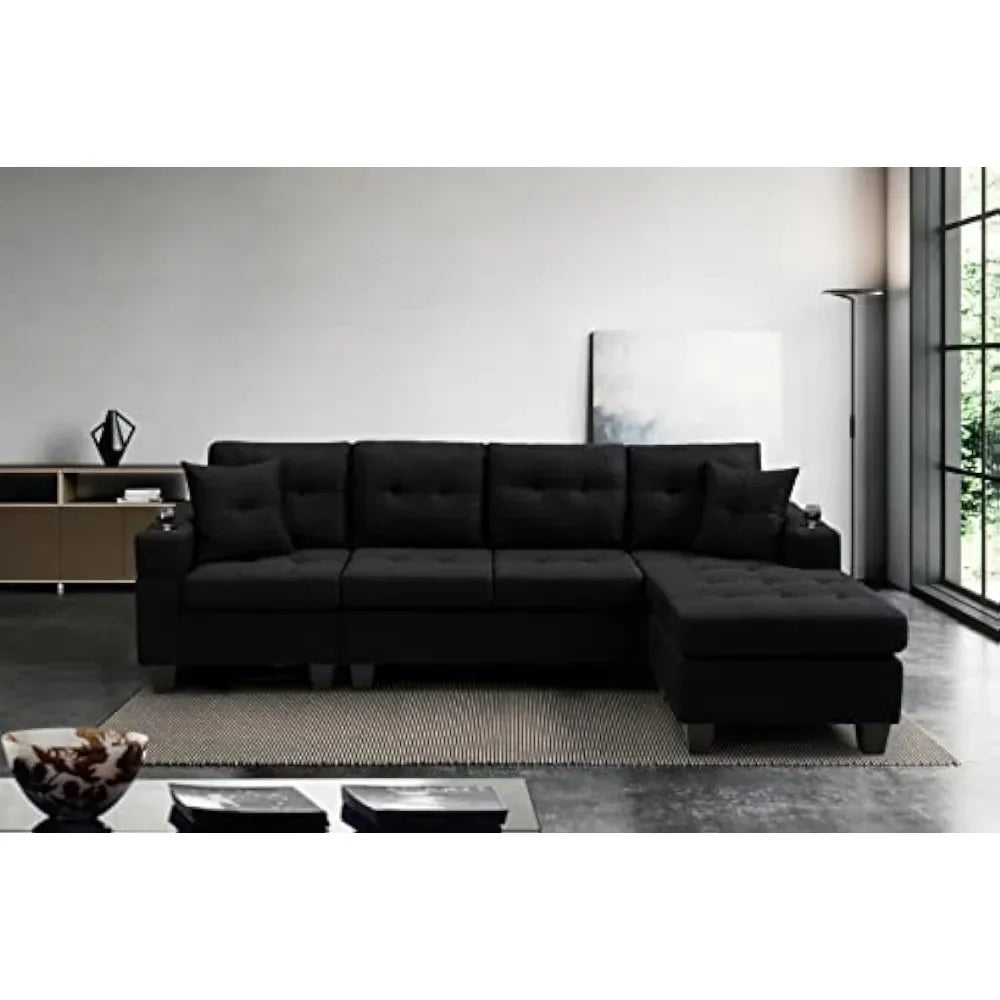 L-shaped Upholstered Modular Sofa with Reversible Chaise Longue and 2 Cup Holders, Modern Furniture Stylish Design, Black