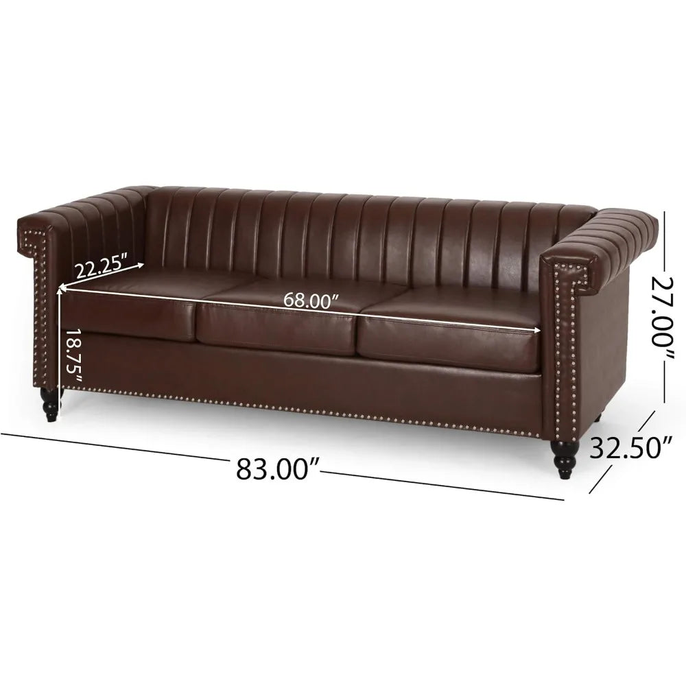 Christopher Knight Home Drury Channel Stitch 3 Seater Sofa with Nailhead Trim - Dark Brown