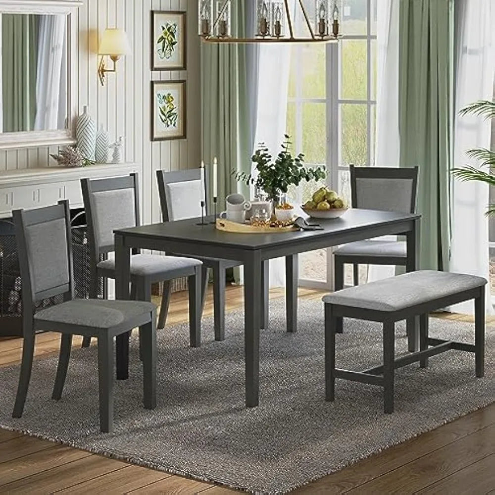 Alissa Haven 6-Piece Dining Set: Chic Rectangular Table, 4 Chairs, and 1 Bench - Ideal for Family Gatherings and Stylish Kitchen Spaces