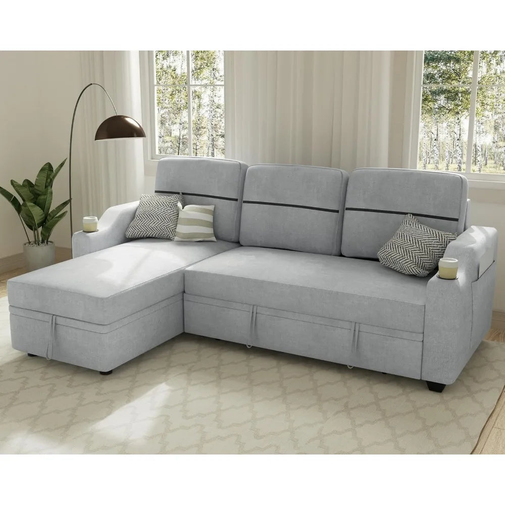 Reversible Sectional Sofa Couch, Sleeper Sofa Bed with Storage Chaise Pull Out Couch Bed for Living Room | Hidden Stroge