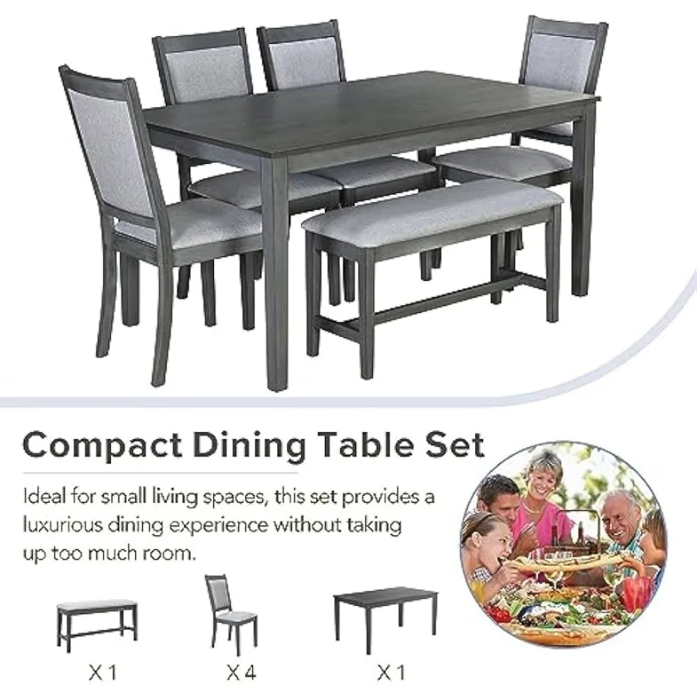 Alissa Haven 6-Piece Dining Set: Chic Rectangular Table, 4 Chairs, and 1 Bench - Ideal for Family Gatherings and Stylish Kitchen Spaces