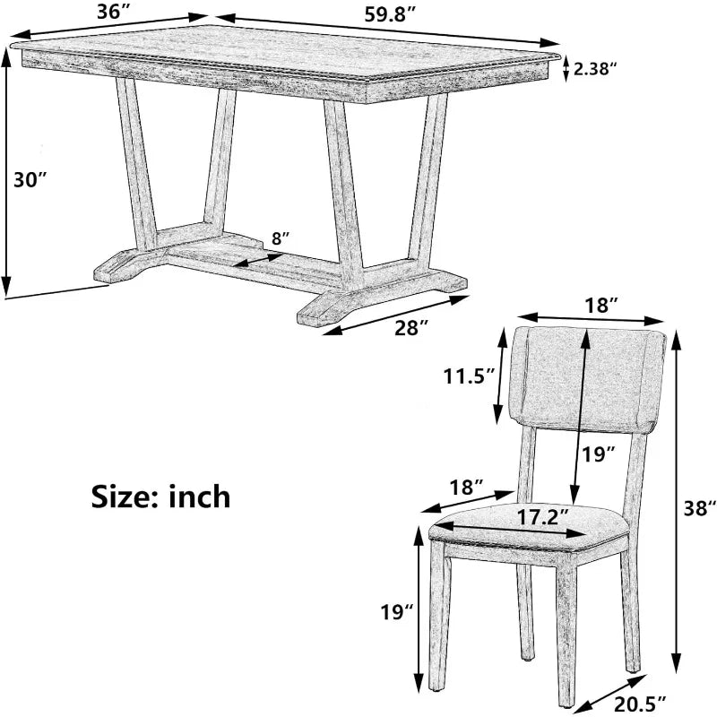 BIADNBZ Solid Wood 5-Piece Dining Set with 4 Upholstered Chairs, 59-inch Rectangular Tabletop with Trestle Table Base