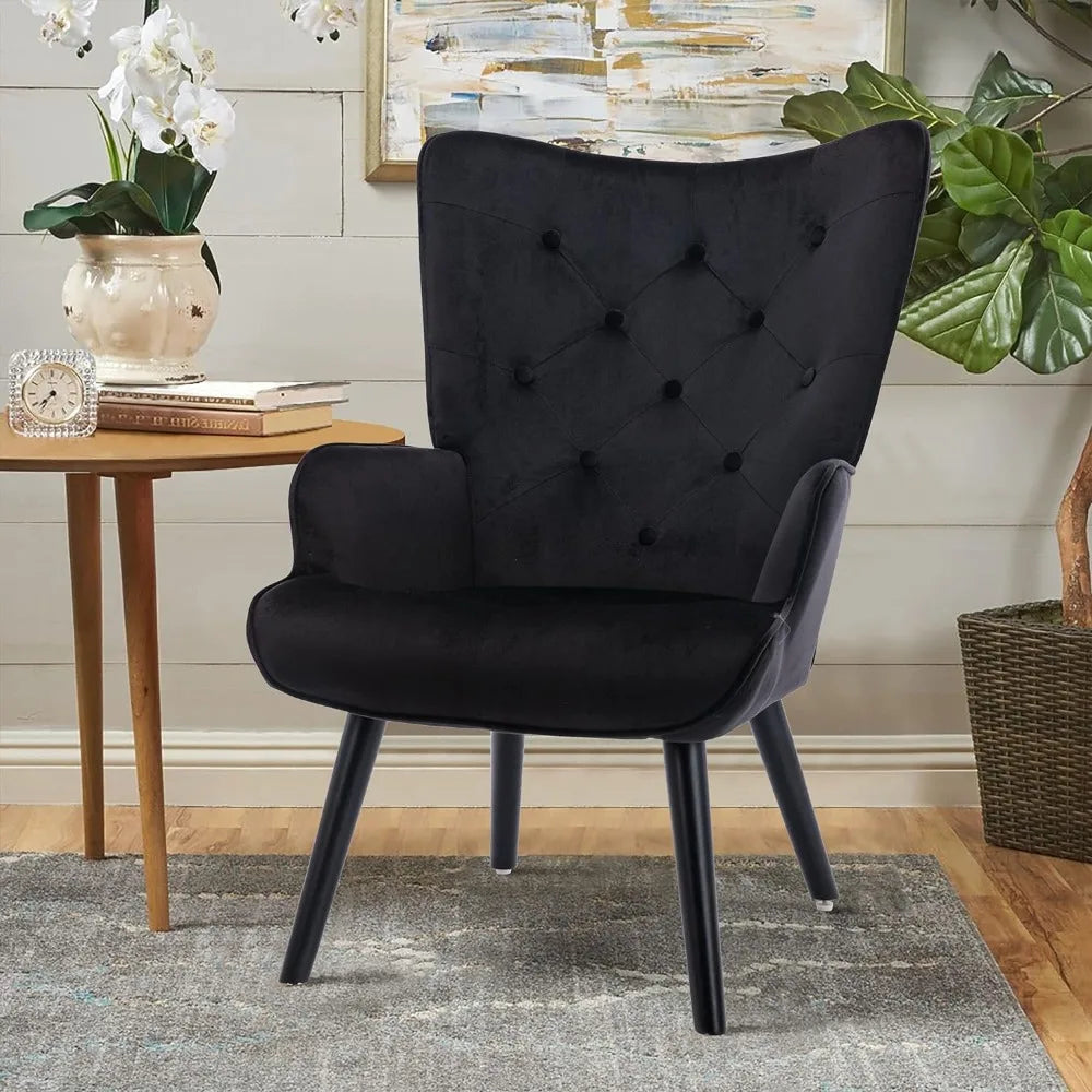 Velvet Living Room Chair, Modern Tufted Button Wing Back with Armrest Cushion with Solid Wood Legs for Living Room Bedroom