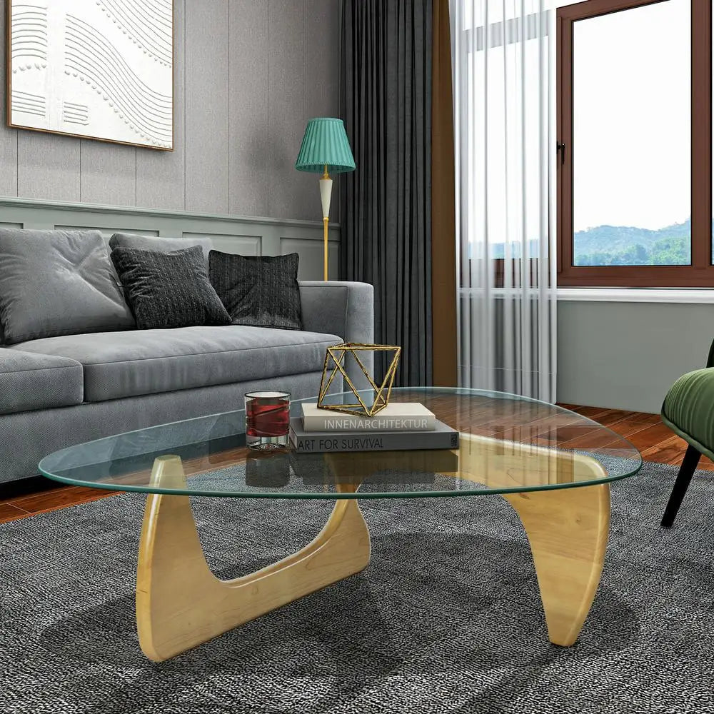 Contemporary Living Room Coffee Table: 12mm Glass Top on Solid Wood Stand