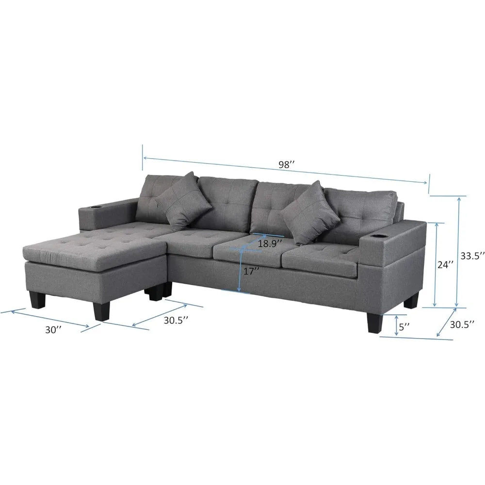 Modular Sofa Set with L-shaped Lounge Living Room, Cup Holder and Left-hand Chaise Longue Modern 4-seater, Grey