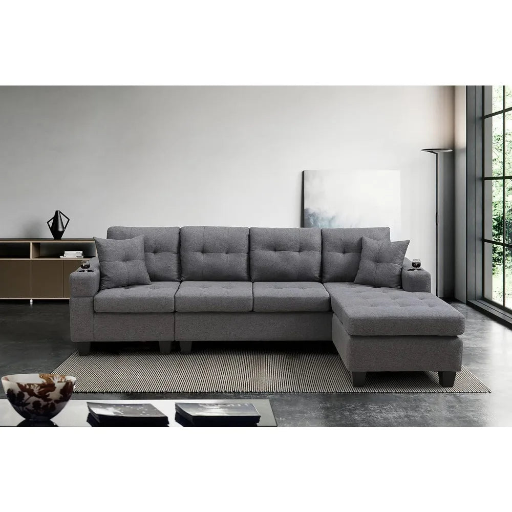 Modular Sofa with Double-sided Chaise Longue and Cup Holder, L-shaped 4-seat Sofa Furniture with 2 Pillows, Grey