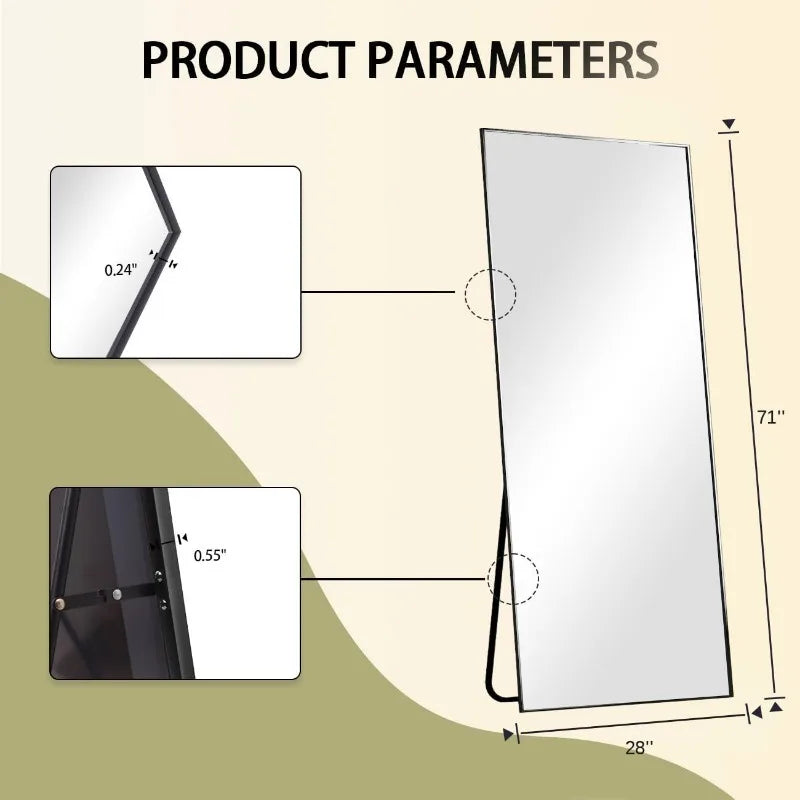 71"x28" Standing Hanging or Leaning Against Wall Floor Mirrors Body Dressing Wall-Mounted with Aluminum Alloy Thin Frame, Black