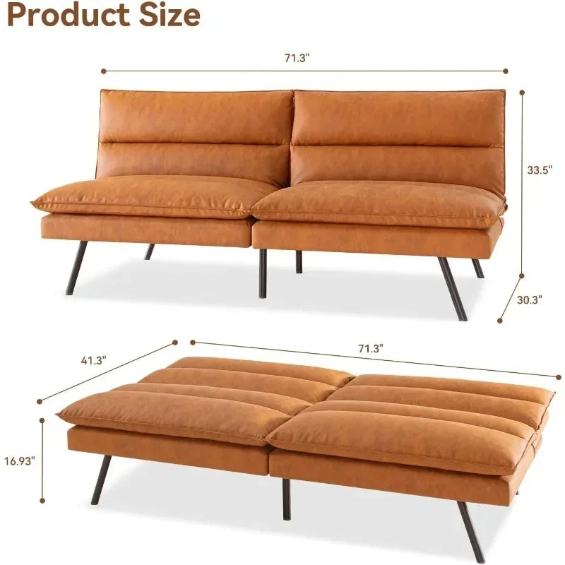 Convertible Armless Futon Sofa Bed,3" Memory Foam Modern Loveseat Couch,Brown