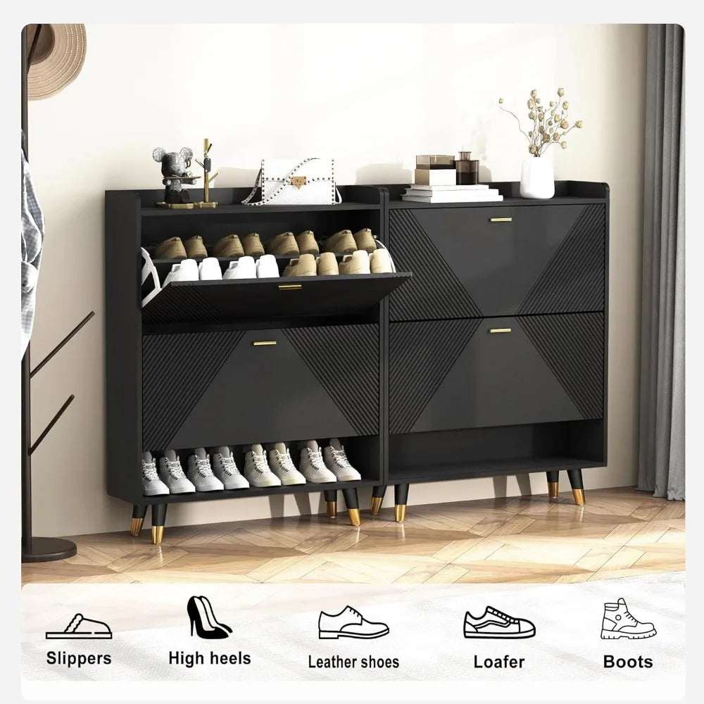 Black Slim Shoe Cabinet in The Entrance, Thin Tip-down Shoe Cabinet Wooden Shoe Locker with Two Decorative Drawers