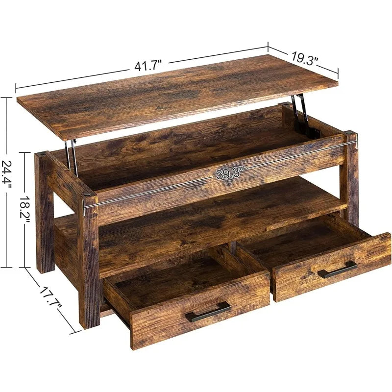 Leo 41.7'' Lift-Top Coffee Table with Hidden Compartment, Storage Drawers, and Open Shelving