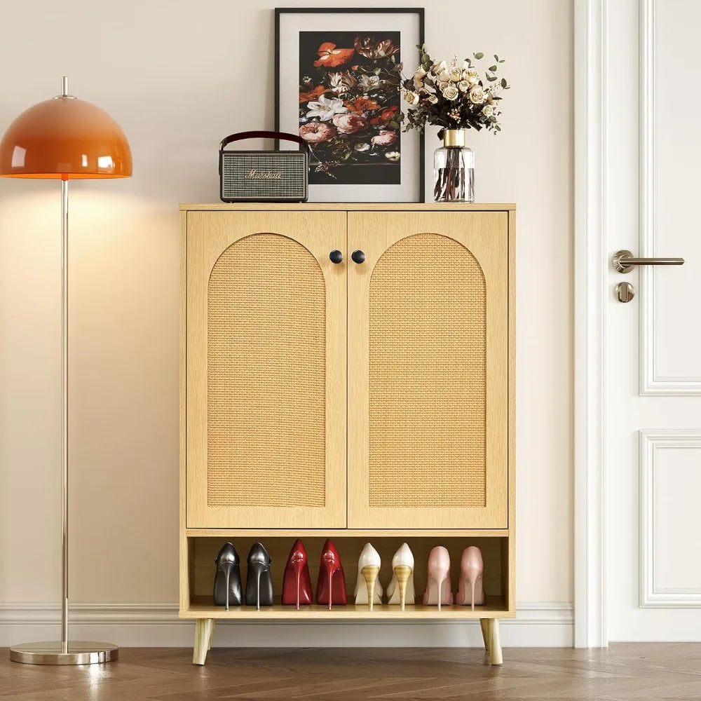 Shoe Cabinet, 5-tier Shoe Locker with Rattan Door, Shoe Rack Storage Box with Wooden Legs, Oak