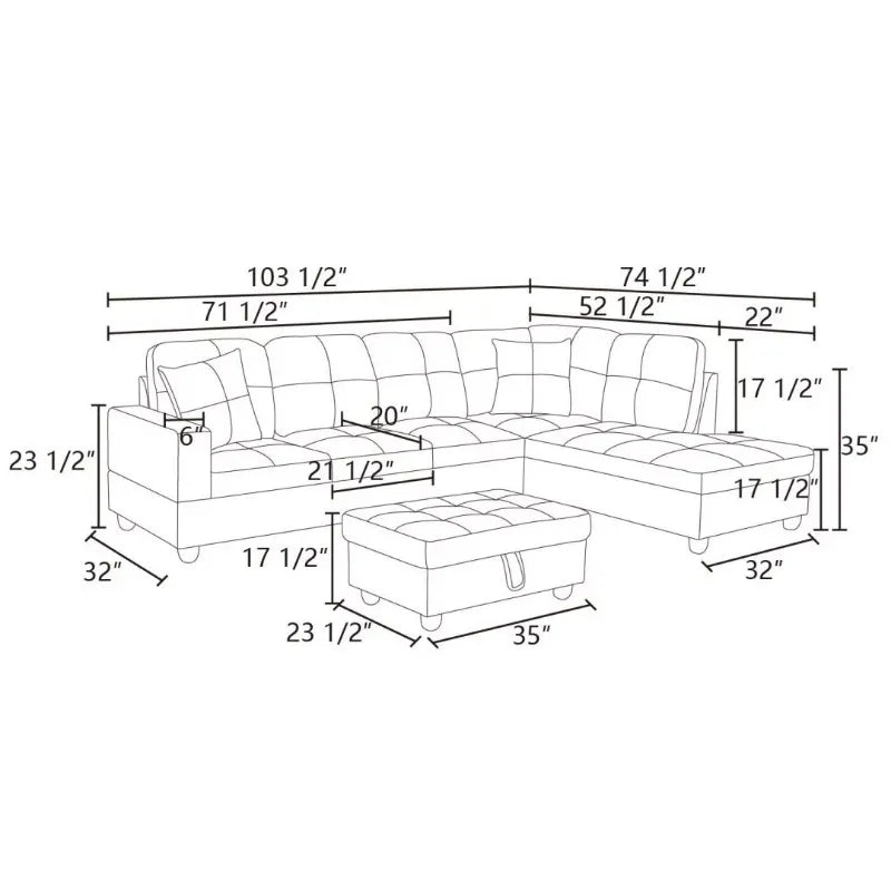 Hommoo Convertible Sectional Sofa, L Shaped Couch for Small Space Living Room, White(Without Ottoman)