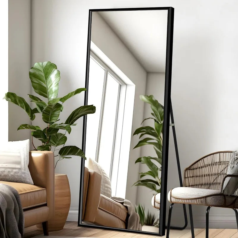 Large Rectangle Bedroom Mirror Floor Mirror Dressing Mirror Wall-Mounted Mirror, Aluminum Alloy Wide Frame, Black, 65"x22"