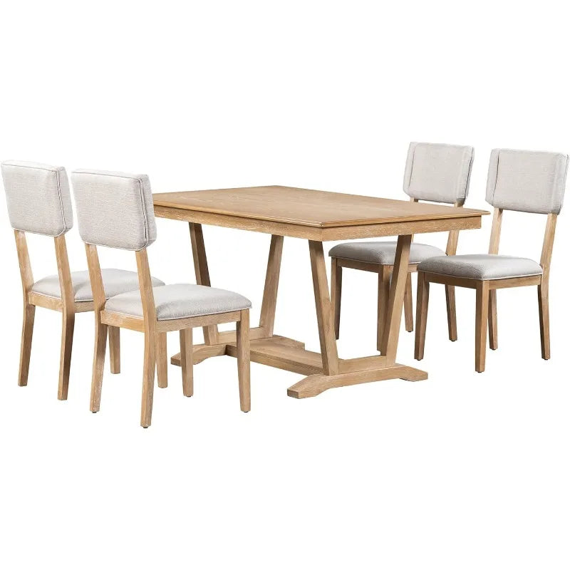 BIADNBZ Solid Wood 5-Piece Dining Set with 4 Upholstered Chairs, 59-inch Rectangular Tabletop with Trestle Table Base