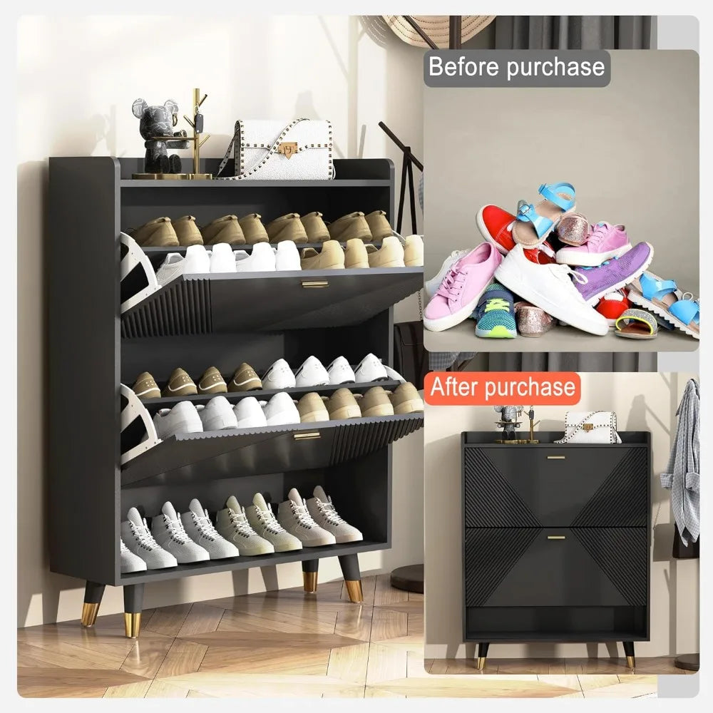 Black Slim Shoe Cabinet in The Entrance, Thin Tip-down Shoe Cabinet Wooden Shoe Locker with Two Decorative Drawers