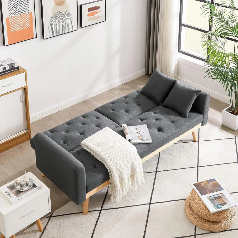 Convertible Folding Linen Sofa Bed with Two Pillows, Living Room Sofa with Adjustable Backrest and Removable Armrests