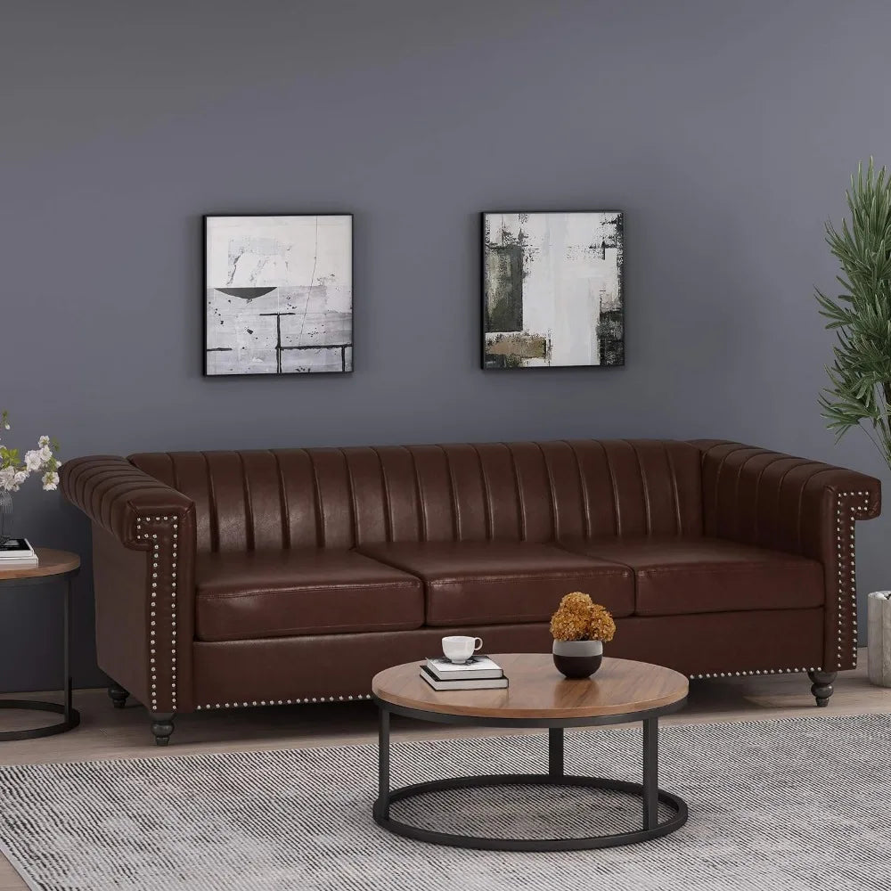 Christopher Knight Home Drury Channel Stitch 3 Seater Sofa with Nailhead Trim - Dark Brown