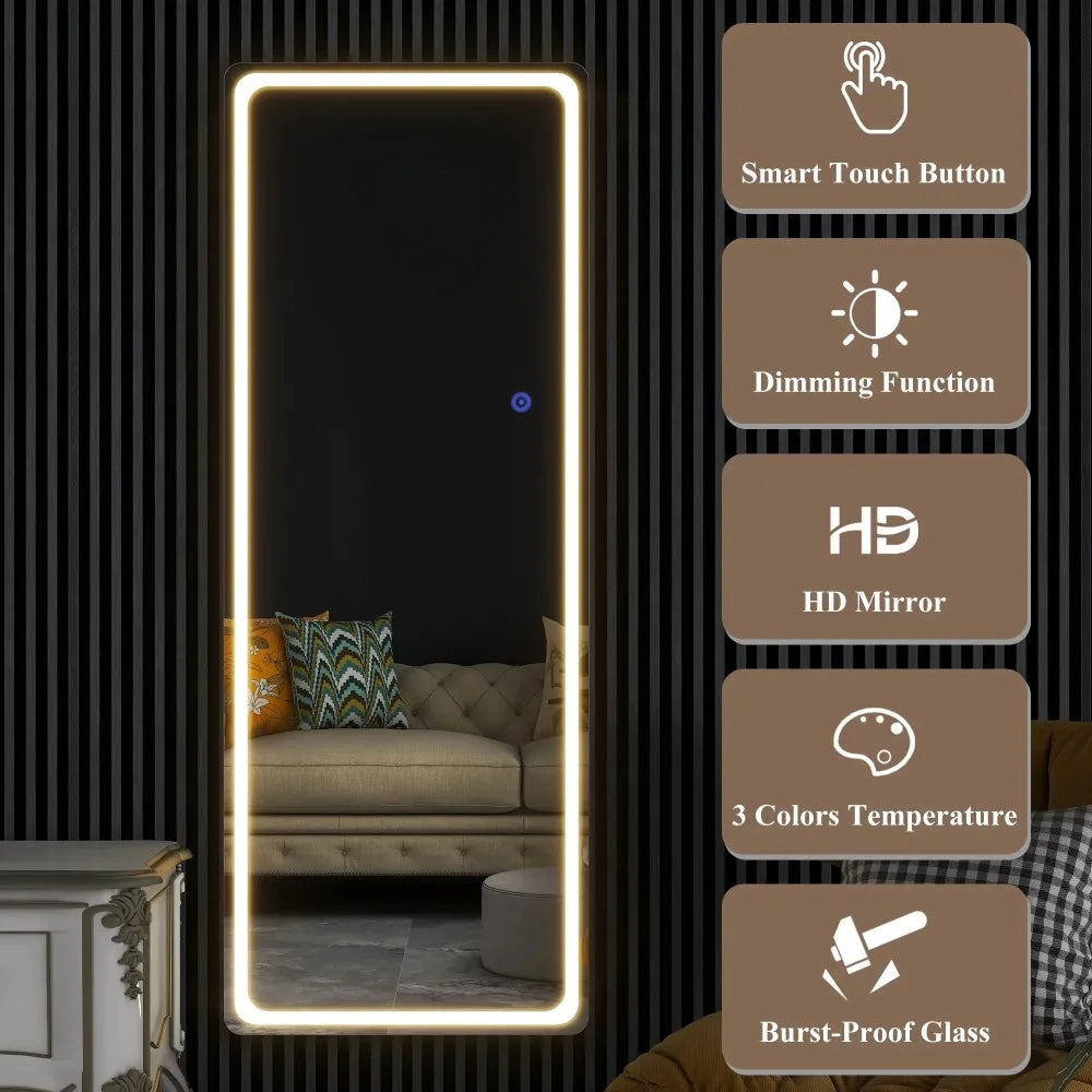 Floor Mirrors Full Body Length 63"x16" Modern Rectangle Round Angle LED Full Floor Mirror With Bracket,Silver