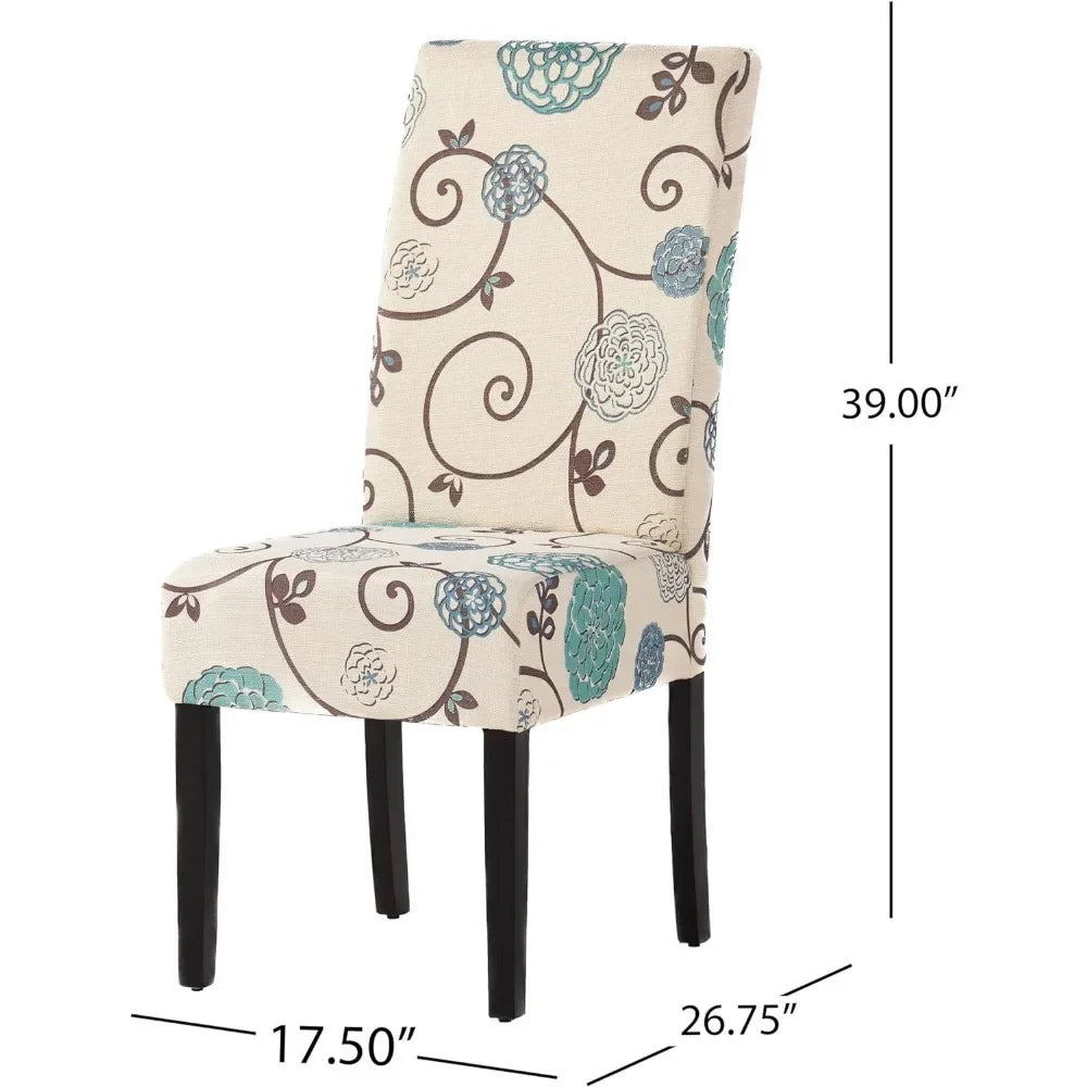 Fabric Dining Chairs, 2-Pcs Set, Polyester White And Blue Floral Kitchen Chair