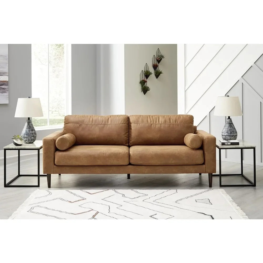 Living Room Sofas Signature Design Modern Faux Leather Sofa With 2 Bolster Pillows, Dark Brown Couch Sofas