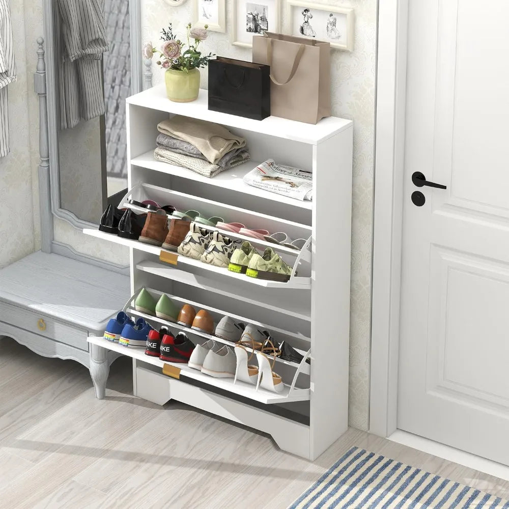 Entrance Shoe Cabinet with 2 Clamshell Drawers and Shelves, 3-tier Wooden Shoe Rack Cabinet for Hallway Apartment