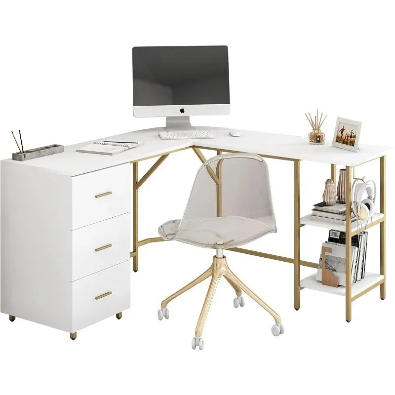 Techni Mobili L Shaped Desk - Computer Desk with Drawers & Storage Shelves - Space Corner Table for Work & Writing