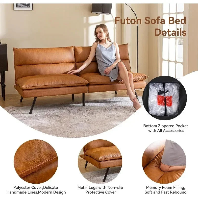 Convertible Armless Futon Sofa Bed,3" Memory Foam Modern Loveseat Couch,Brown