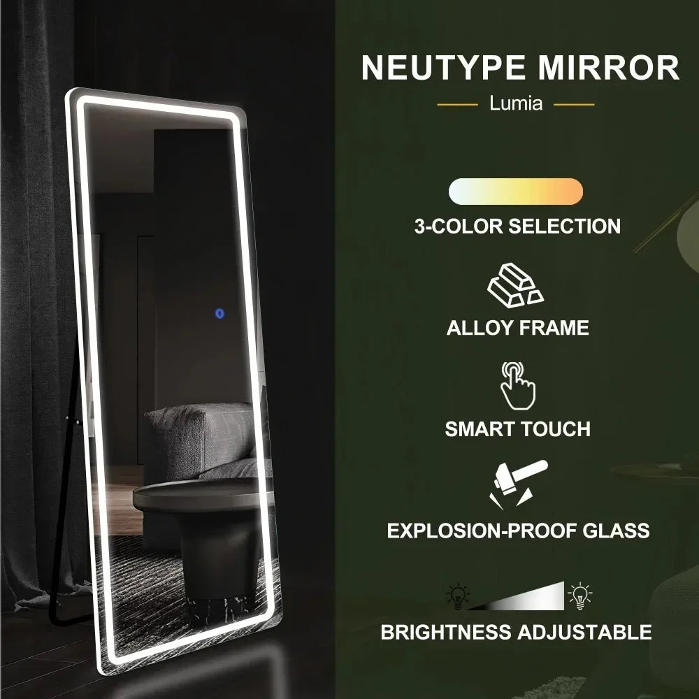 Floor Mirrors Full Body Length 63"x20" Modern Rectangle LED Full Floor Mirror With Bracket,Silver