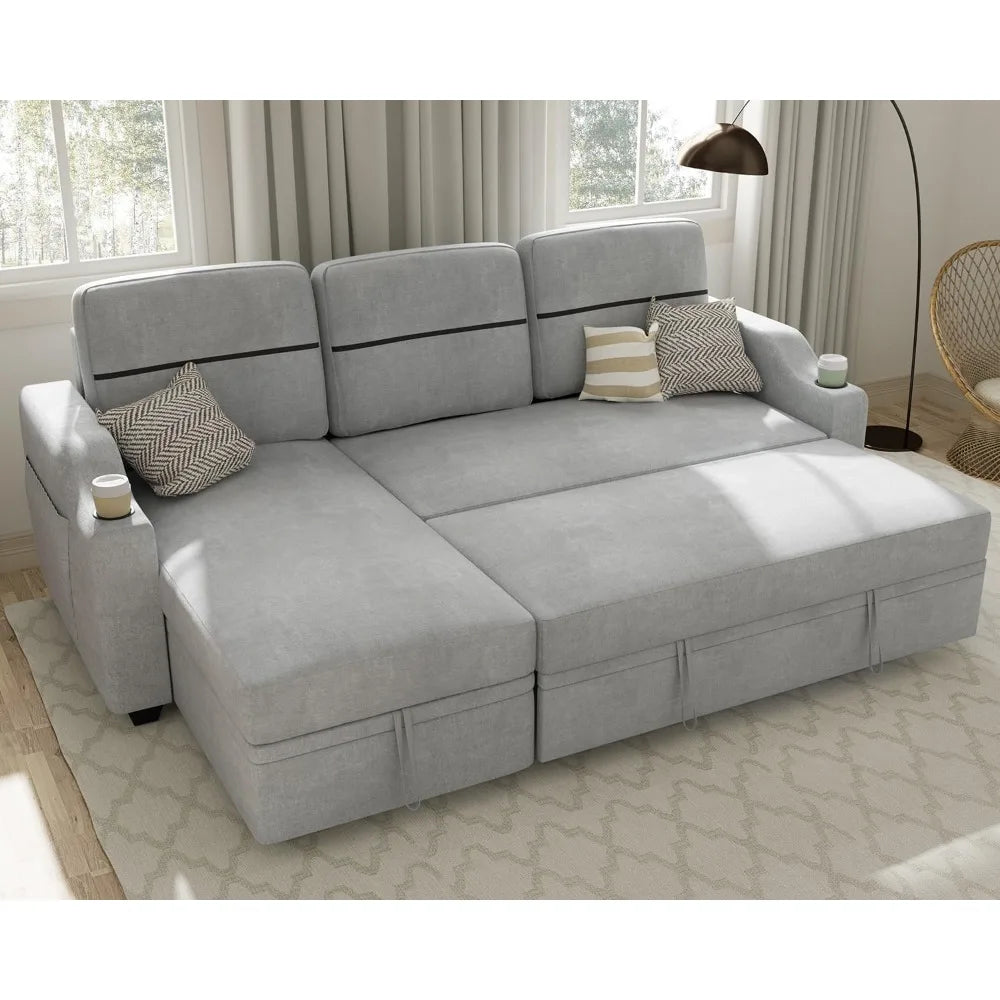 Reversible Sectional Sofa Couch, Sleeper Sofa Bed with Storage Chaise Pull Out Couch Bed for Living Room | Hidden Stroge