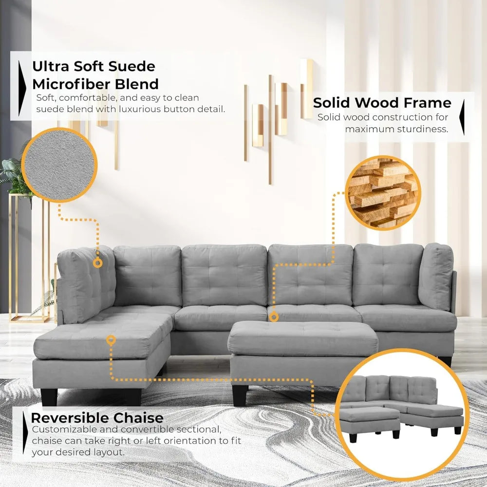 Modern Modular L-shaped Sofa with Reversible Chaise Longue and Ottoman, Comfortable Upholstered Furniture for The Living Room