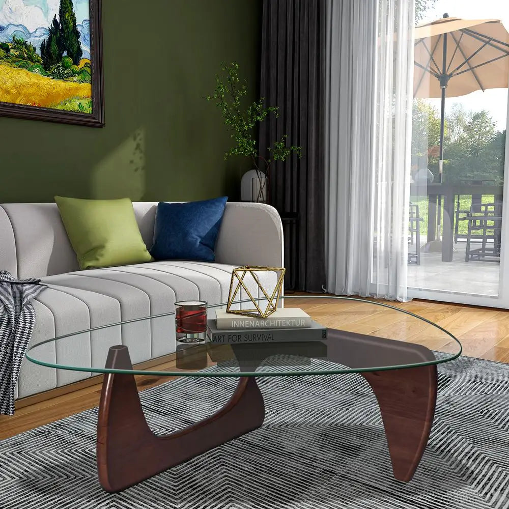 Contemporary Living Room Coffee Table: 12mm Glass Top on Solid Wood Stand