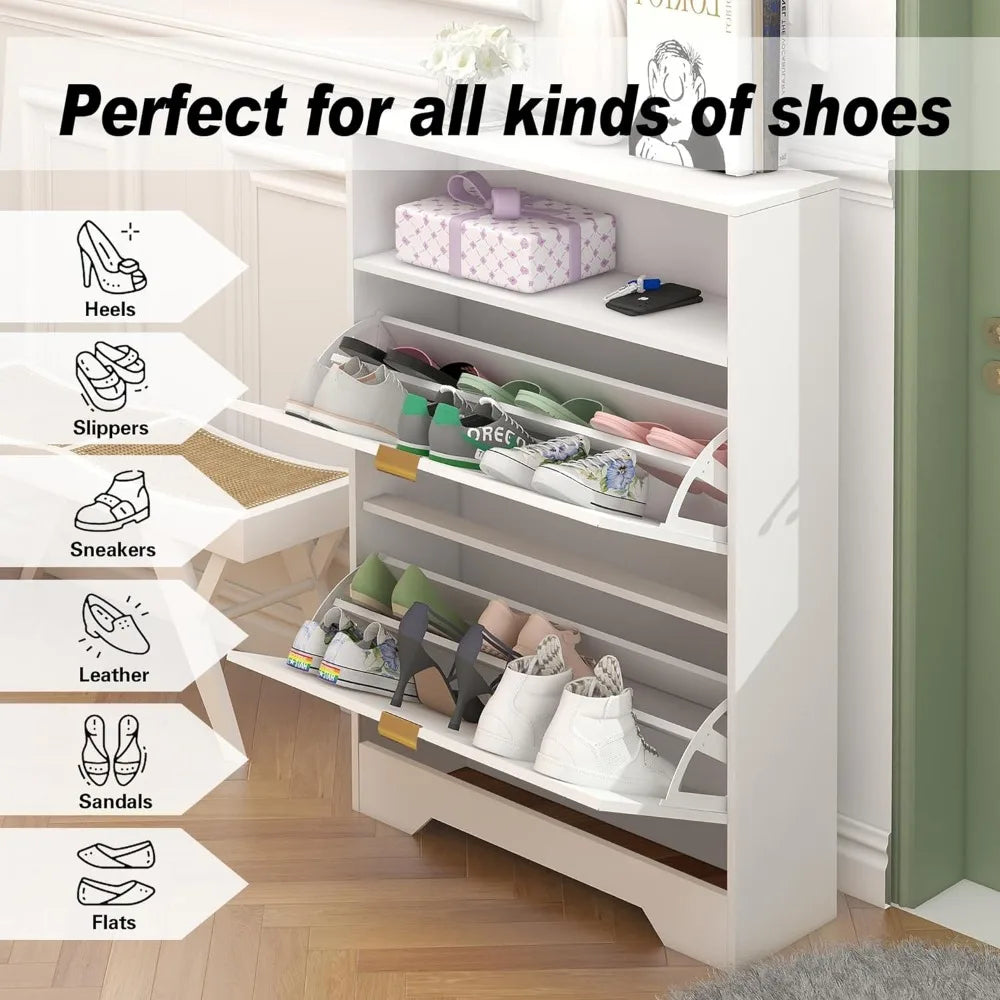 Entrance Shoe Cabinet with 2 Clamshell Drawers and Shelves, 3-tier Wooden Shoe Rack Cabinet for Hallway Apartment