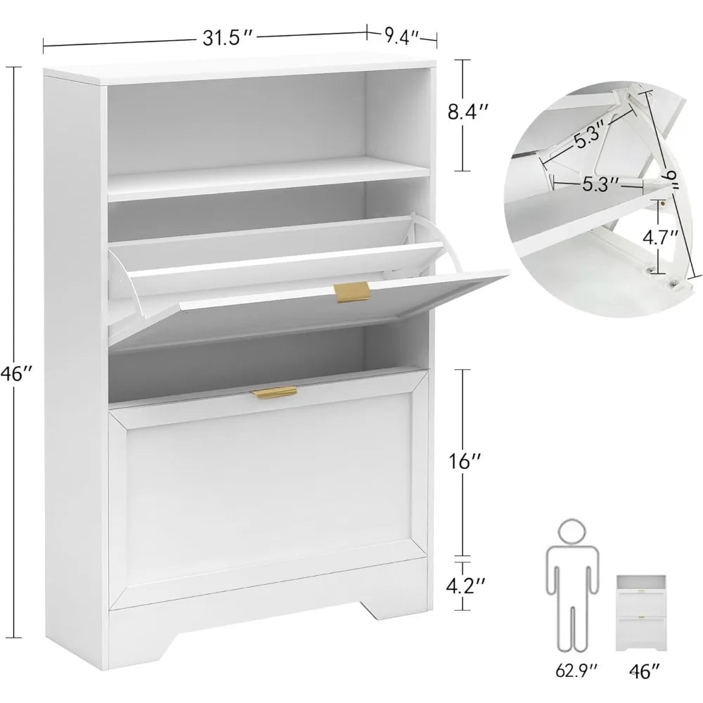 Entrance Shoe Cabinet with 2 Clamshell Drawers and Shelves, 3-tier Wooden Shoe Rack Cabinet for Hallway Apartment