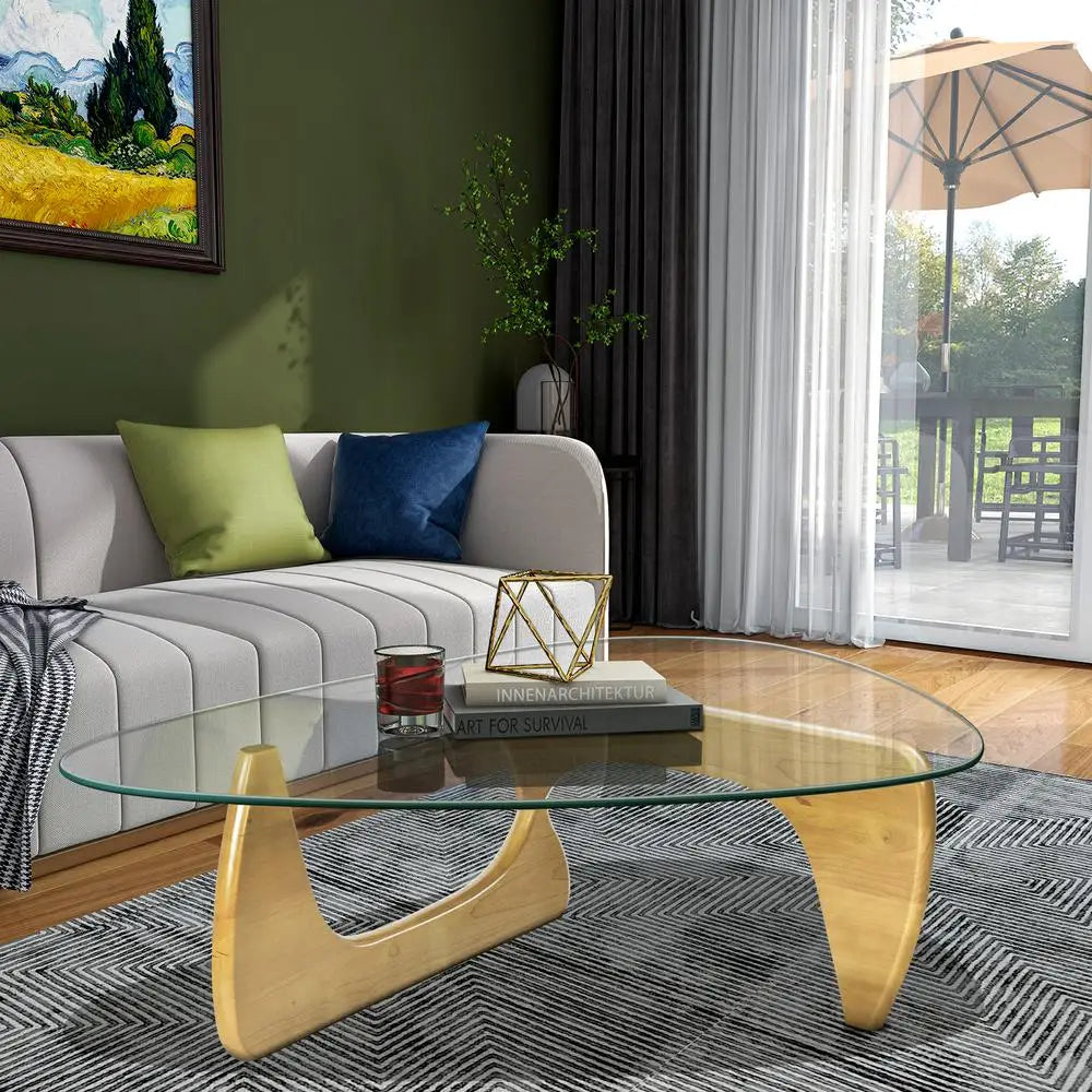 Contemporary Living Room Coffee Table: 12mm Glass Top on Solid Wood Stand