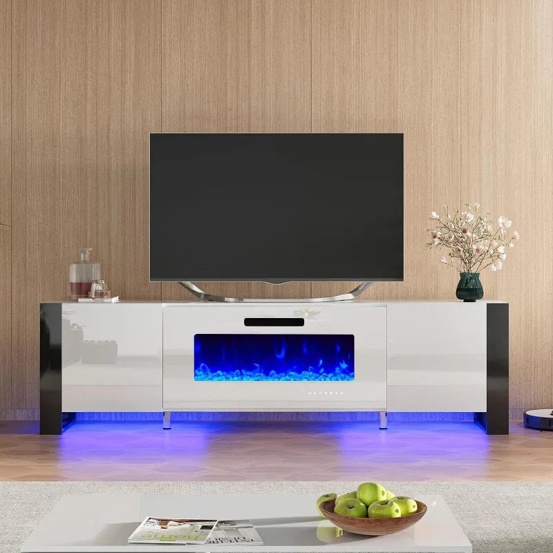 Fireplace TV Stand 80" Modern High Gloss Entertainment Center LED Lights, U-Shaped Legs TV Console Cabinet for TVs Up to 90"