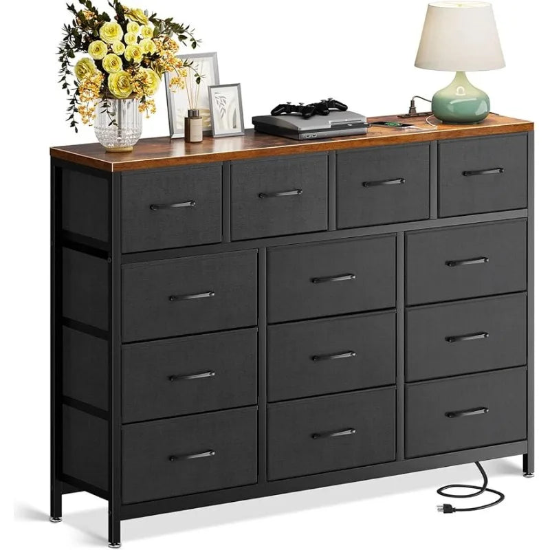 Long Dresser with 3 Outlets and 2 USB Charging Ports Chest of Drawers Easy-Pull Fabric Dresser for Bedroom